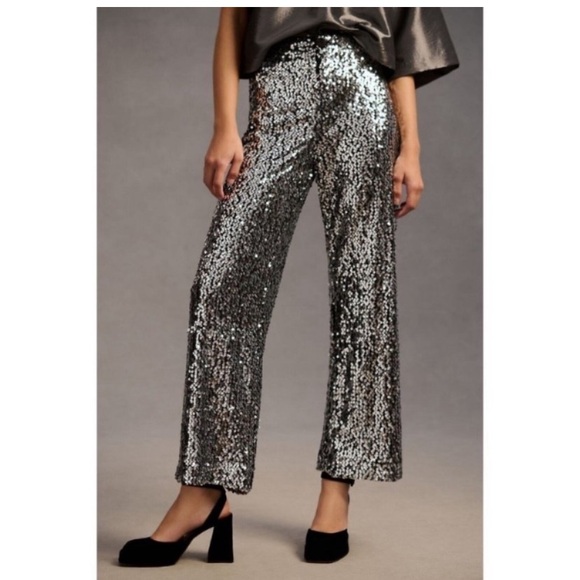 Anthropologie Maeve Colette Silver Sequin Wide-leg Pants NWT - Picture 4 of 7
